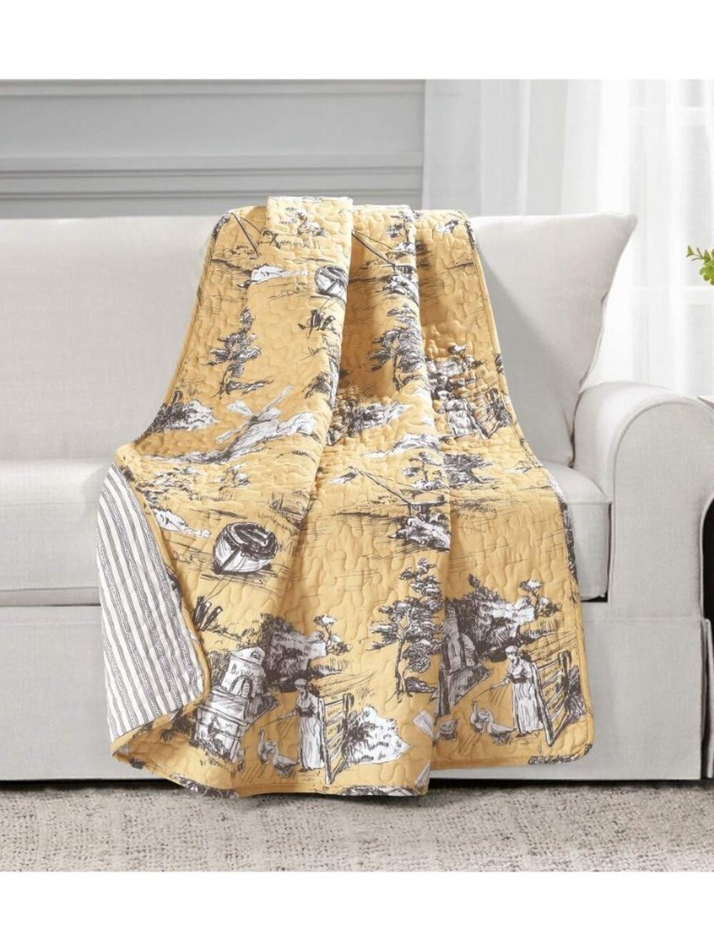French Country Toile Reversible Cotton Throw Blanket Single 50" W x 60" Yellow &